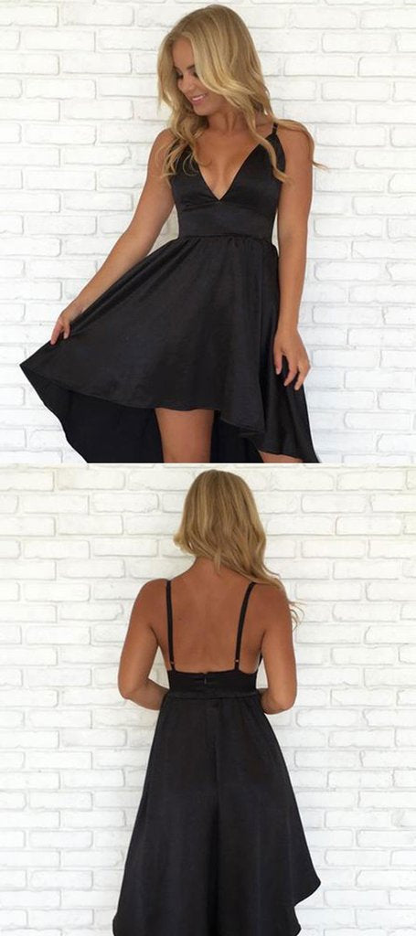 A-Line Spaghetti Straps Deep V-Neck Backless Black Homecoming Dresses cg579