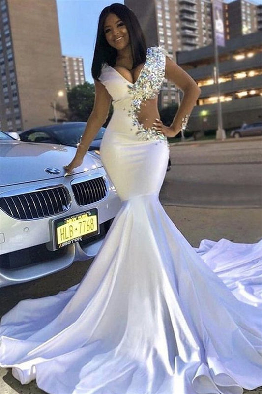 Chic V-Neck Lace Rhinestones Sweep Train Sexy Mermaid Prom Dresses   cg5791