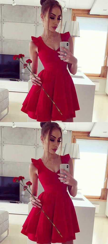 Simple A-Line V-Neck Sleeveless Red Homecoming Dresses With Ruffles cg582