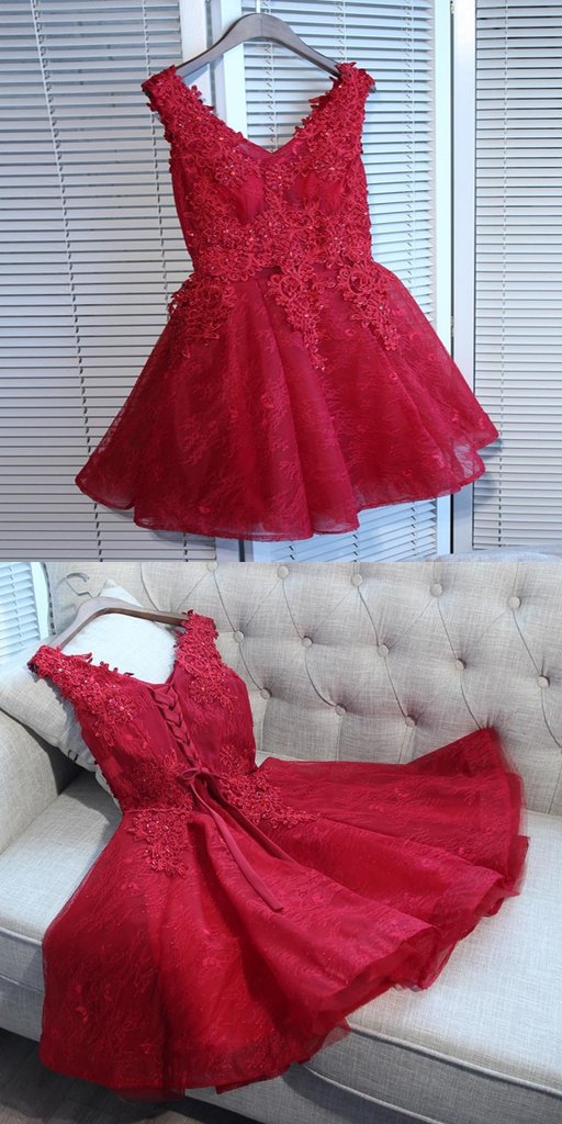 A-Line V-Neck Red Tulle Sleeveless Homecoming Dresses With Appliques cg584