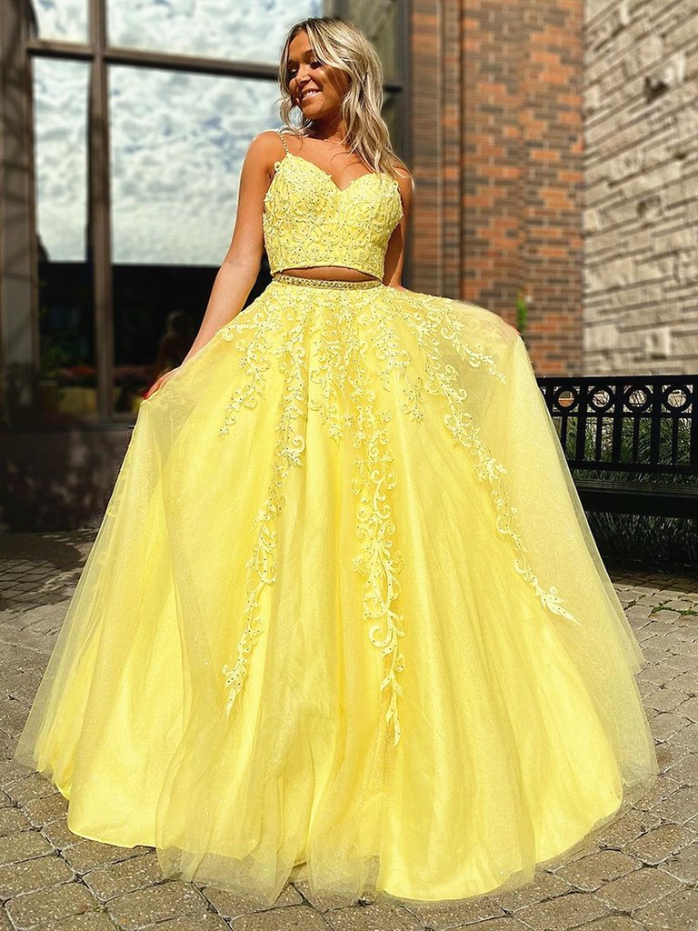 A Line V Neck 2 Pieces Yellow Lace Prom Dresses, Two Pieces Yellow Lace Formal Evening Dresses  cg5860