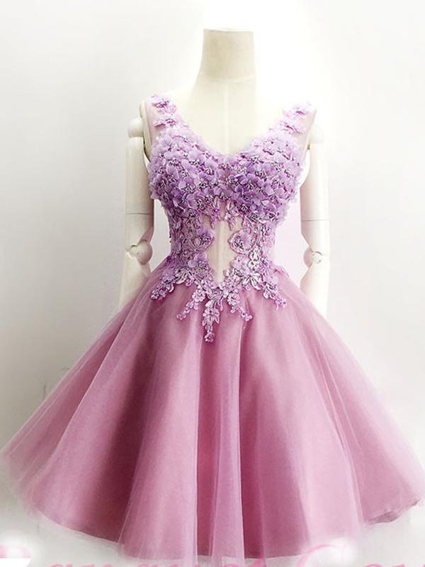 Elegant A-Line Lavender Tulle Homecoming Dresses With Scoop Neckline,Short Homecoming Dresses With Appliques cg595