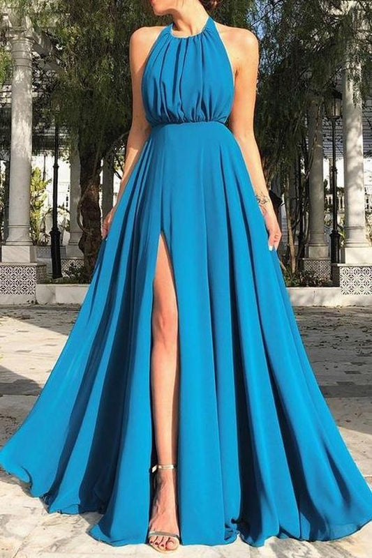 Sexy Sleeveless Halter Open Back Split prom Dress  cg5954