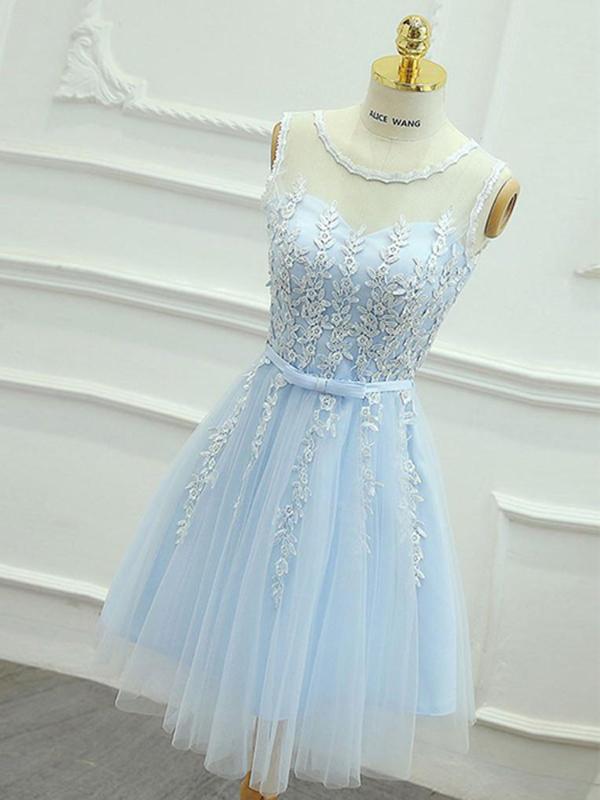 Elegant A-Line Light Blue Tulle Homecoming Dresses With Scoop Neckline,  cg596