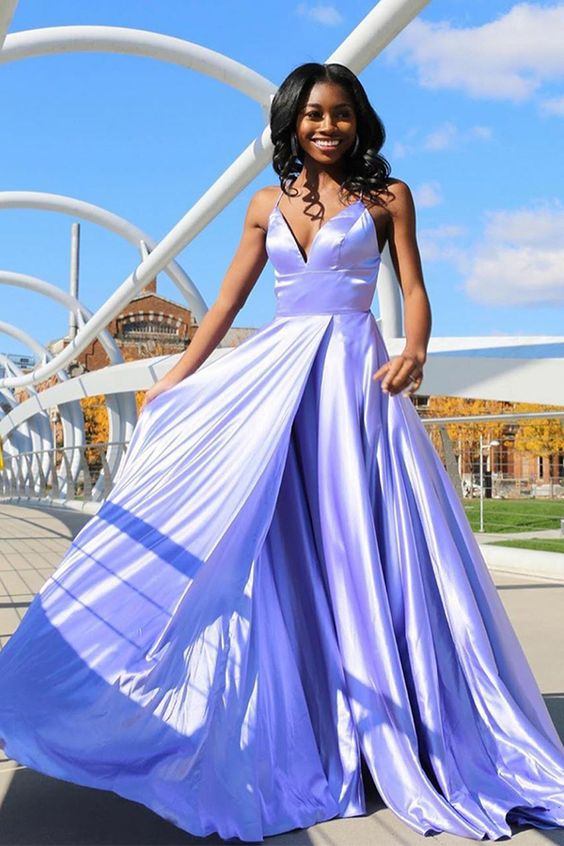 A-Line Spaghetti Straps Sweep Train Satin Prom Dress with Pockets  cg5984