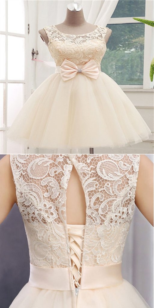 Beautiful Short Lace Scoop Neckline Homecoming Dresses,Off White Homecoming Dresses With Sleeveless  cg600