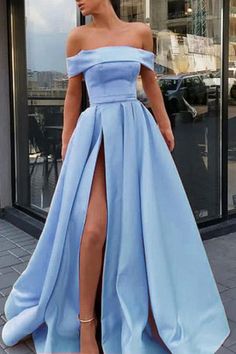 A Line Off the Shoulder Satin High Slit Prom Dresses, Long Formal Dresses   cg6002