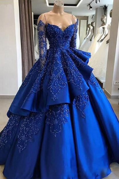 Unique blue lace long prom dress, blue long evening dress cg602