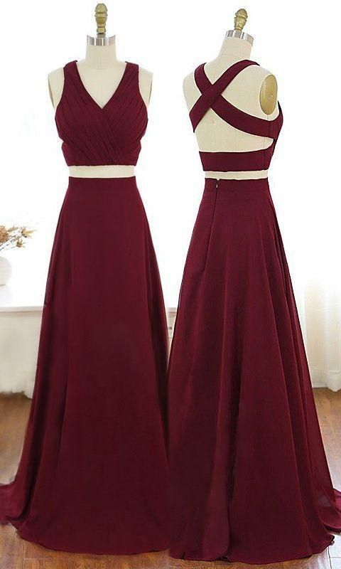 V-Neck Burgundy Party Dress Criss-Cross Straps Chiffon Two Piece Prom Dress  cg6059