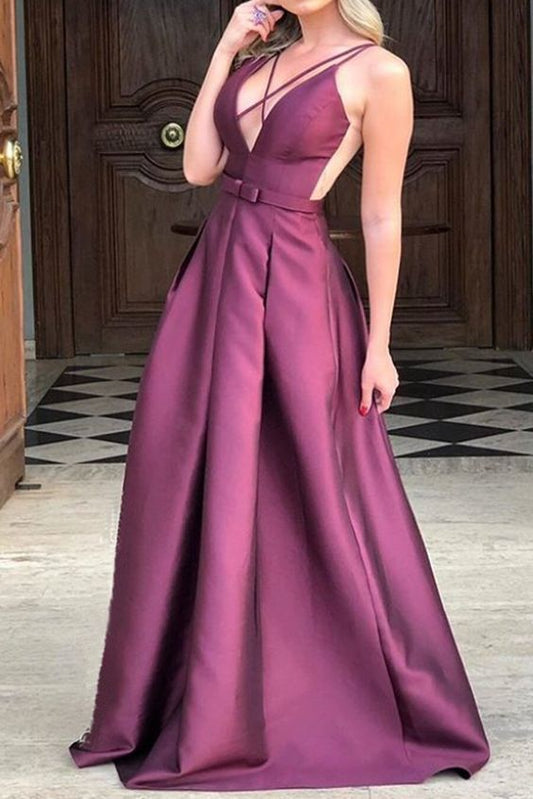 Straps V Neck Satin Long Prom Dress Formal Evening dress cg6097