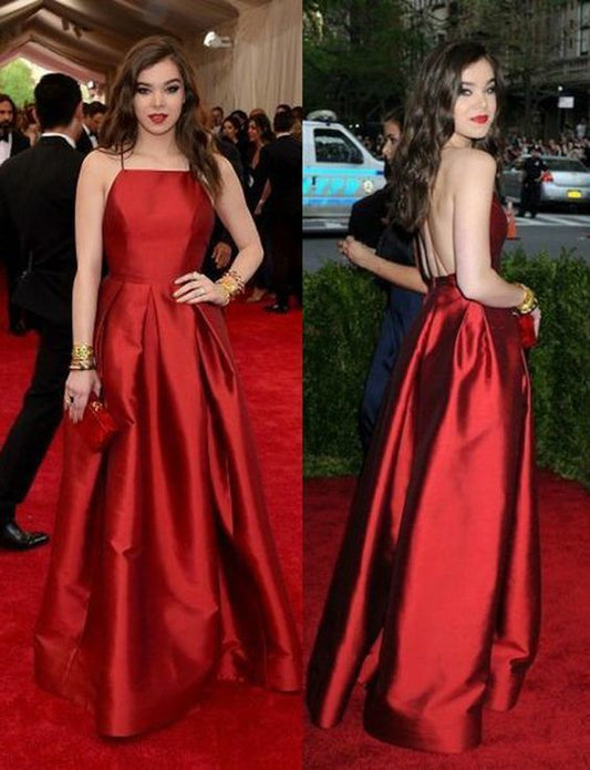 Elegant A Line Halter Backless Sleeveless Long Red Satin Prom/Evening Dresses  cg6099