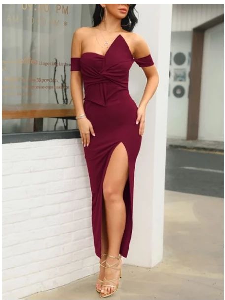 Burgundy Irregular Bow Bandeau Off Shoulder V-neck Short Sleeve Slit prom dress   cg6128