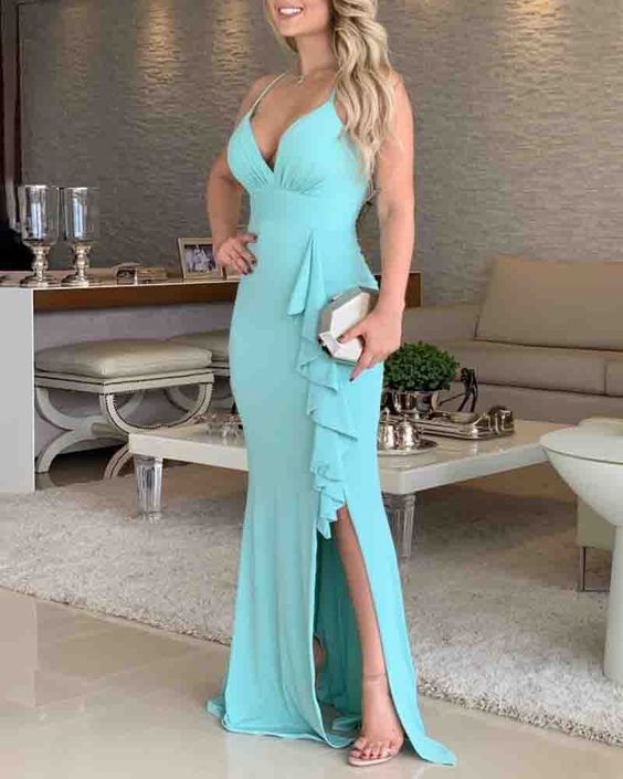 Spaghetti Strap Ruffles Slit prom Dress  cg6180