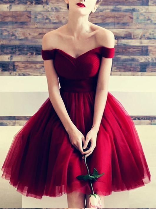 Burgundy Tulle V-neck Off The Shoulder Bridesmaid Dresses Knee Length homecoming dress cg625