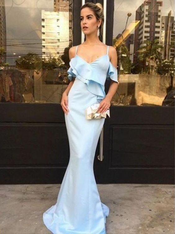 Pale Blue Elastic Satin Mermaid Elegant Prom Dresses  cg6250