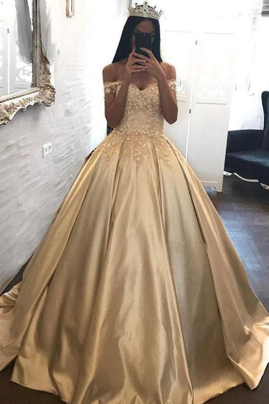 Sexy prom dress, satin long prom dress, gold prom dress, off shoulder ball gown cg636