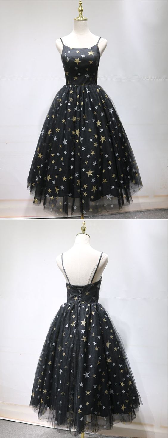 Cute Prom Dress, Unique Black Star Printed Tulle Long Open Back Short Prom Dress   cg6362