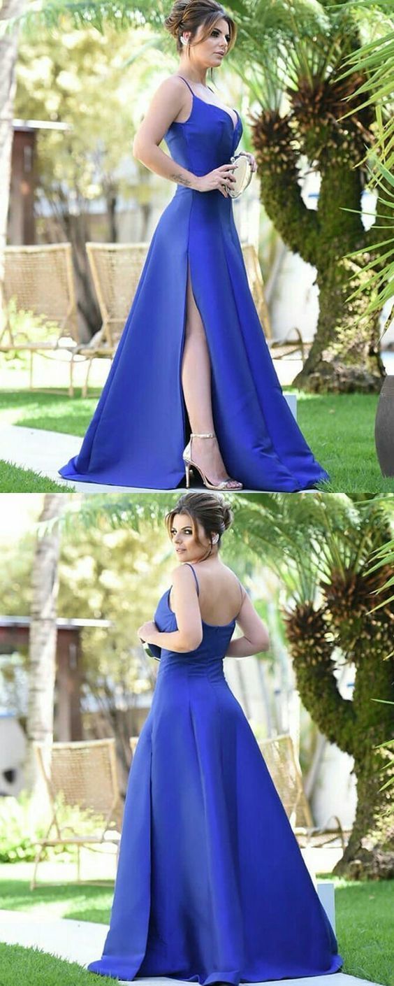 Spaghetti Straps Royal Blue Satin Prom Dress  cg6363