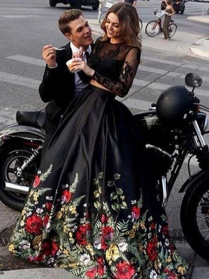 Two Piece Black Prom Dresses, Long Sleeve Prom Dresses, Open-back Prom Dresses, Appliques lace Prom Dresses  cg639