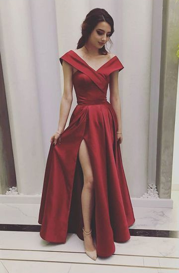 Stylish A Line V Neck Red Prom Dresses Long with Split Front Evening Dresses  cg6398