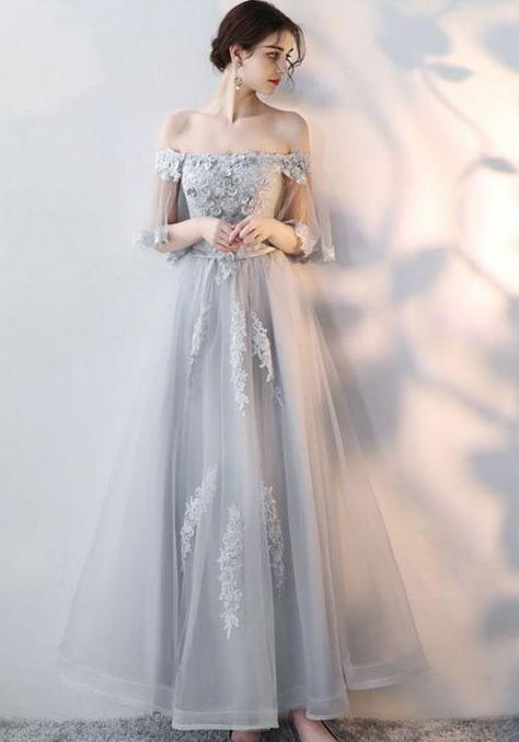 Gray tulle lace long prom dress, lace evening dress  cg6457