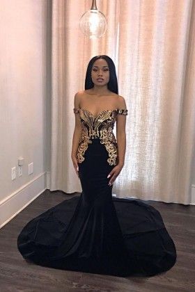 Glamorous gold sequin appliqued off the shoulder black mermaid prom dress  cg6479