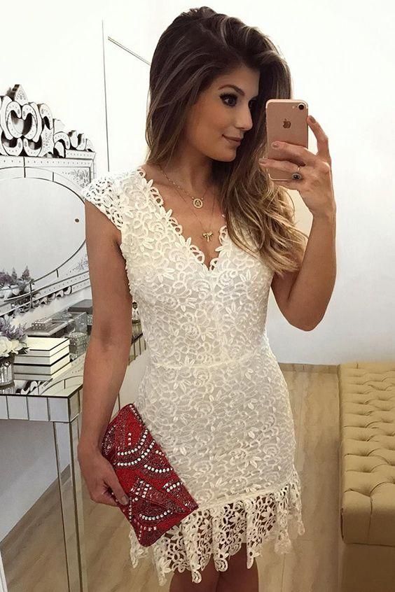 Sheath V-Neck Knee-Length Cap Sleeves Ivory Lace Homecoming Dress cg648