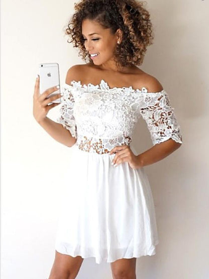 A-Line Off-the-Shoulder Half Sleeves White Lace Short Homecoming Dresses cg653