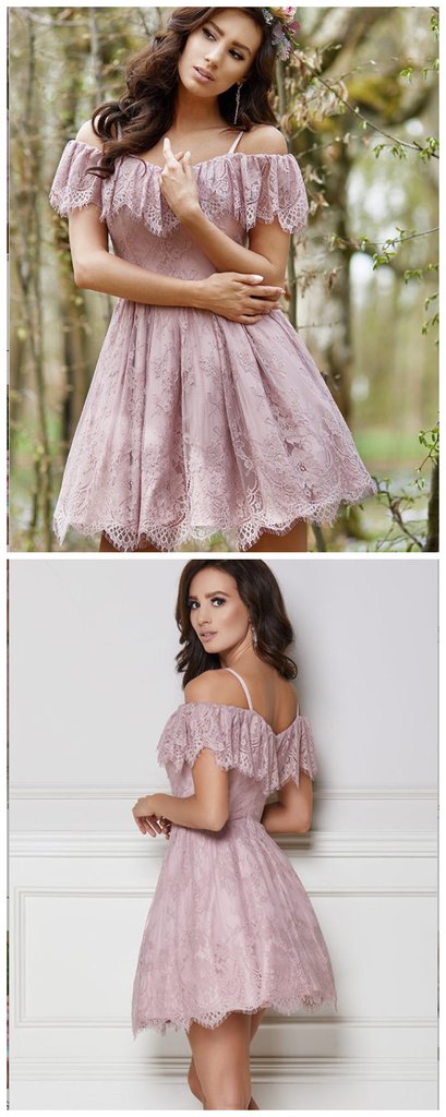 A-Line Purple Lace Homecoming Dress with Ruffles cg657