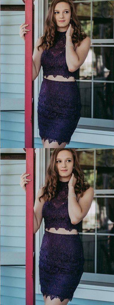 Two Piece Purple Lace Beaded Tight Homecoming Dress cg661