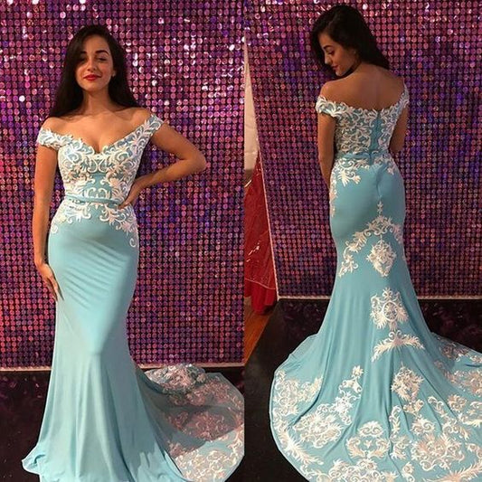 Charming Off Shoulder Prom Dress, Soft Satin Mermaid Applique Prom Dress  cg6622