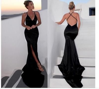 Mermaid Black Prom Dress, V-neck Satin Prom Dresses, Backless Long Prom Gown  cg6646