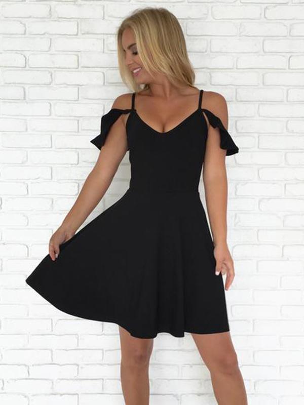 Simple A-Line Spaghetti Straps Black Short Homecoming Dresses cg666