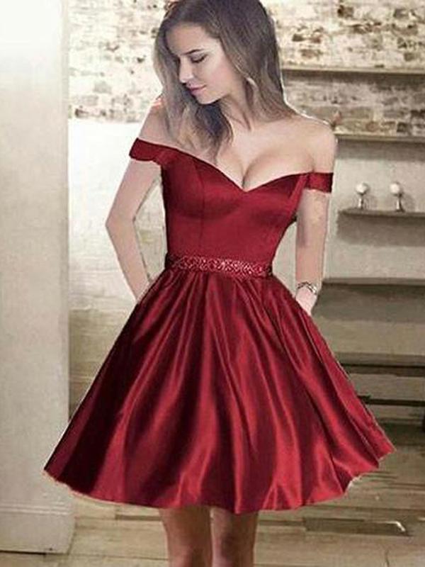 A-Line Off Shoulder Burgundy Homecoming Dresses With Beading cg668