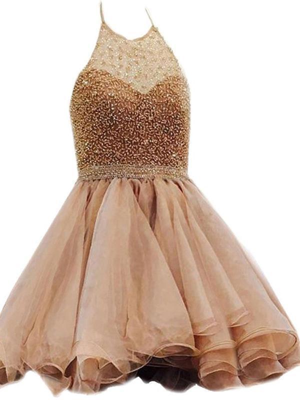 Halter Beaded Organza Short Cheap Homecoming Dresses cg670