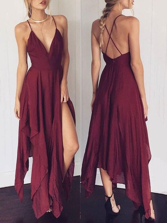 Asymmetrical V Neck Crisscross Back Maxi Slip prom Dress  cg6745