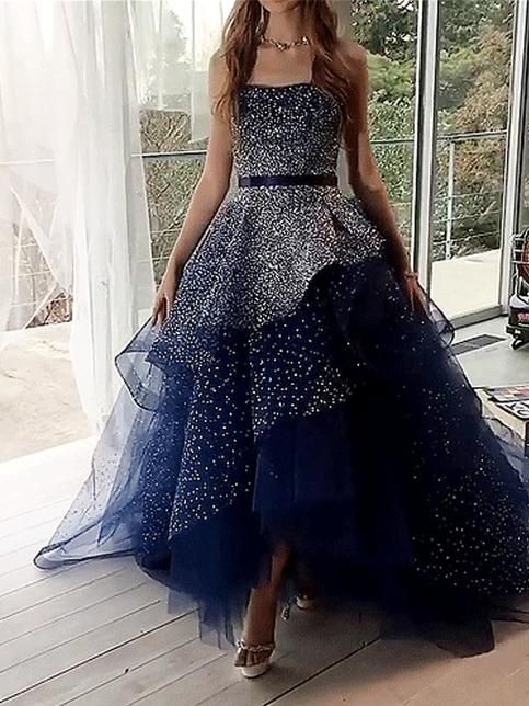 Strapless Navy Blue Starry Night Asymmetry Prom Dresses With Beading  cg679