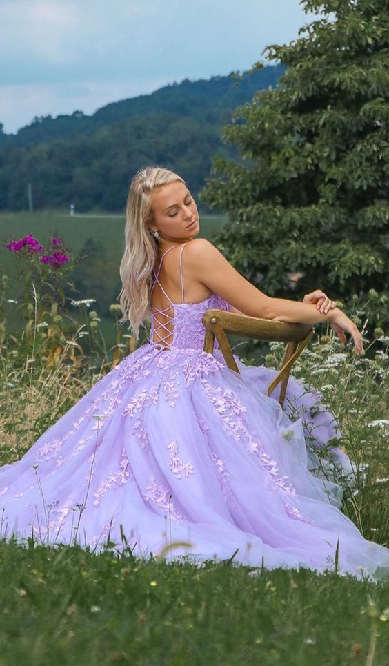 modest lilac long prom gowns, chic lace prom dresses, formal evening dresses for teens   cg6801