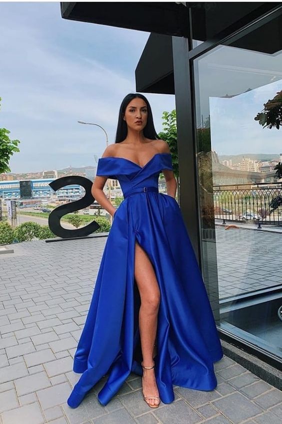 Chic Off Shoulder Royal Blue Prom Evening Dress  cg6803