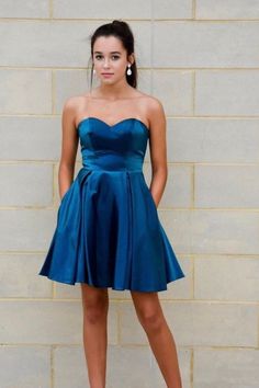 Sweetheart A-Line Satin Teal Homecoming Dress  cg6822