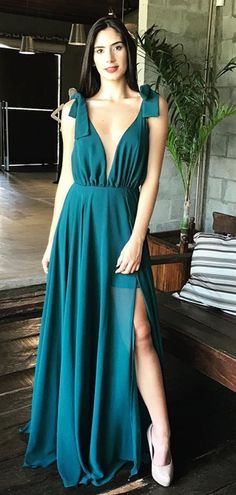 Prom Dresses Elegant, Teal Chiffon V-neck Side Slit Sleeveless Simple Prom Dresses  cg6857