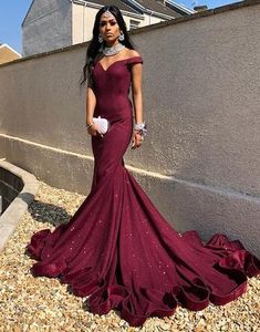 Burgundy Prom Dresses Off the Shoulder Evening Dresses Sweep Train  cg6868