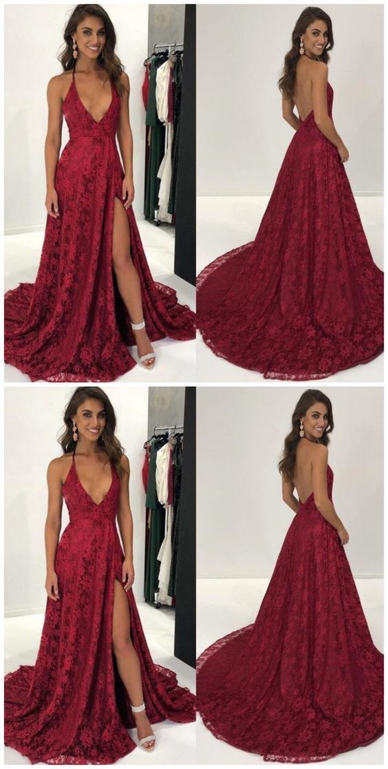 Sexy Halter Wine Red Lace Long Formal Evening Dress cg687