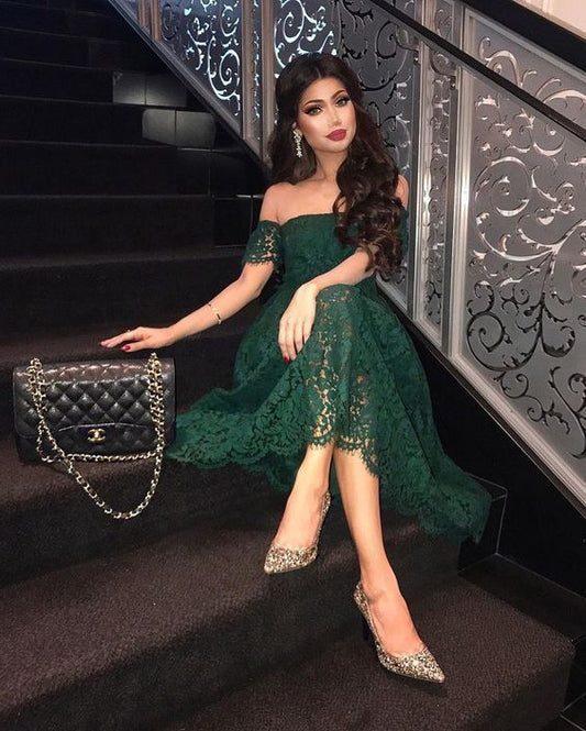 Off the Shoulder Green Floor Length prom Dress  cg6932