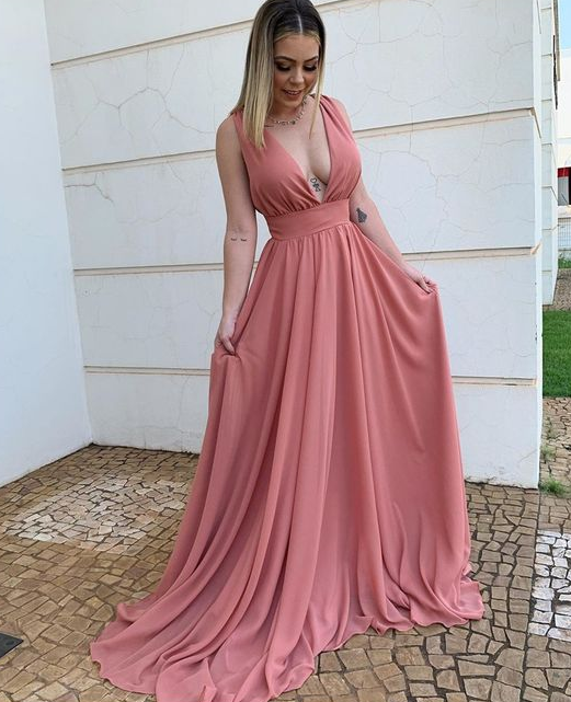 Simple Plunging Neck Chiffon Evening prom Dress  cg7008