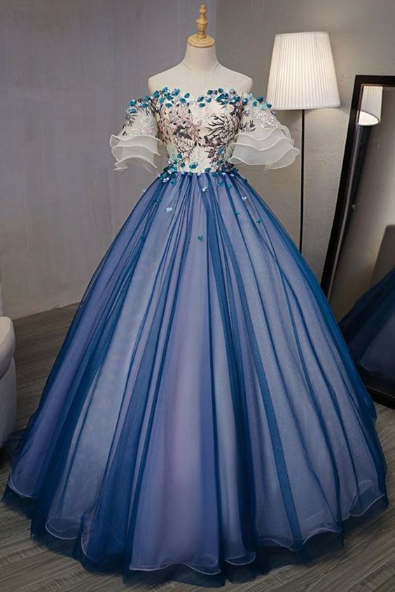 Elegant Off Shoulder Appliqued Ball Gown,A-Line Blue Organza Long Prom Dresses  cg701