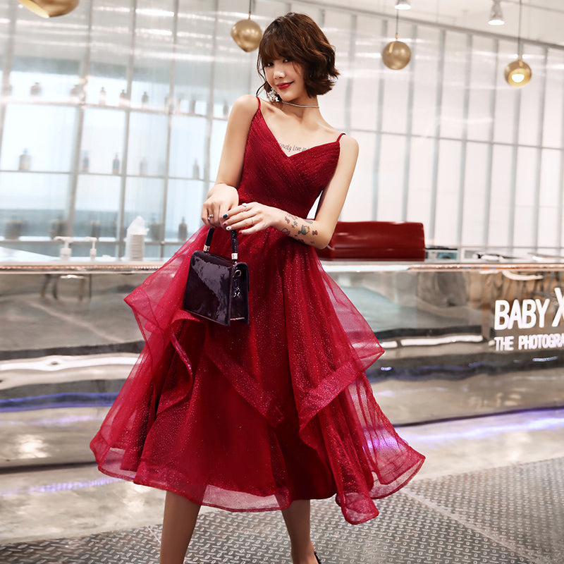 BURGUNDY V NECK TULLE SHORT homecoming DRESS, HOMECOMING DRESS cg712