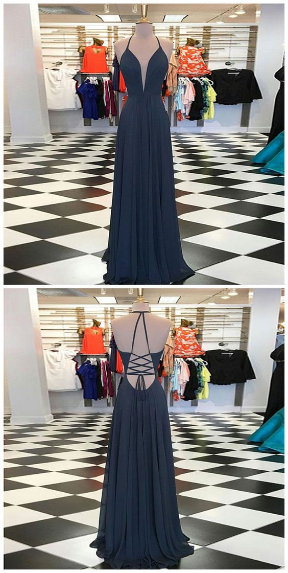 A-Line V-Neck Sweep Train Navy Blue Chiffon Prom Dress  cg7128