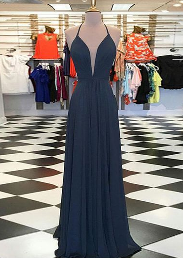 A-Line V-Neck Sweep Train Navy Blue Chiffon Prom Dress  cg7128