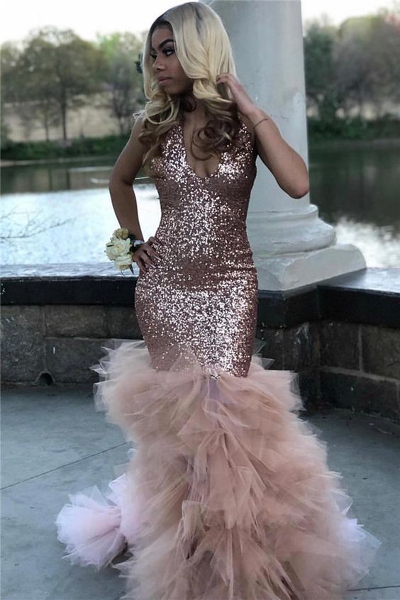 Sparkly Deep V-neck Sequins Ruffle Mermaid Prom Dresses  cg7239